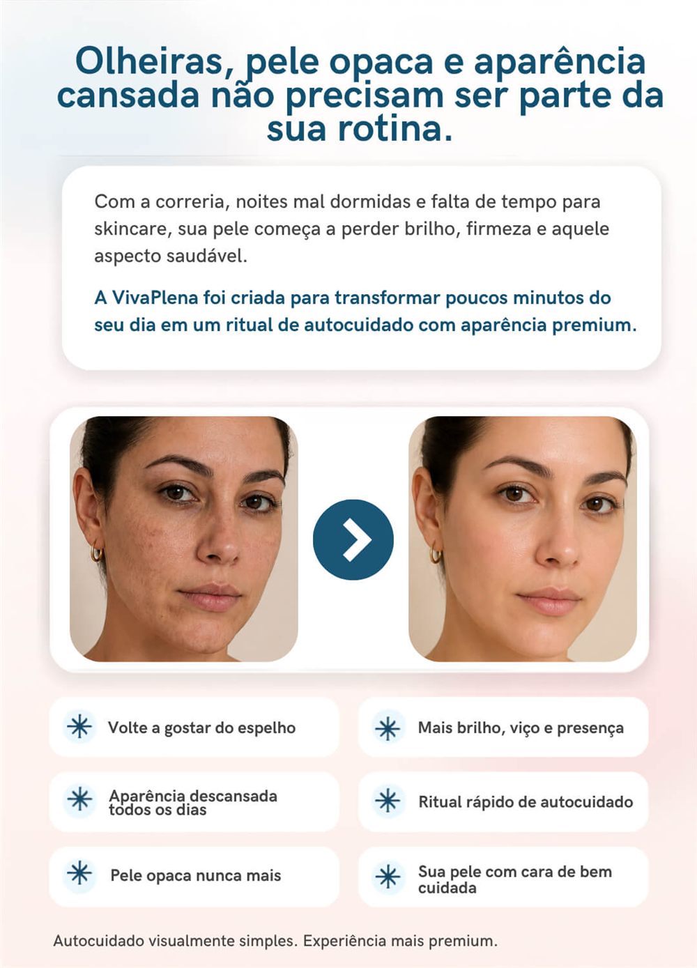 Comparação visual da aparência da pele com a máscara de LED facial VivaPlena