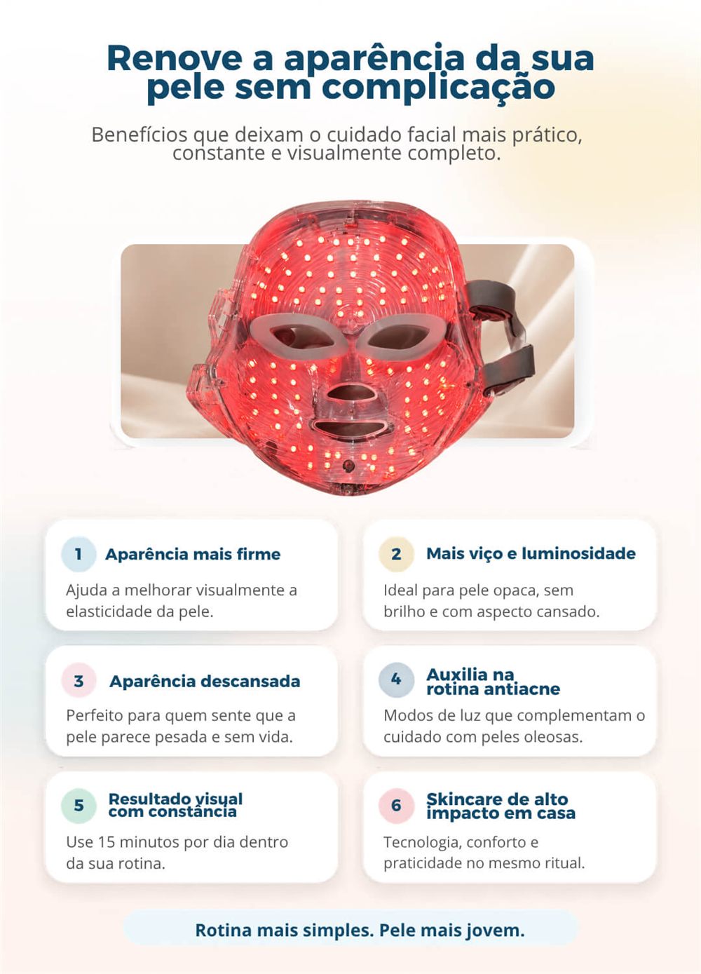 Benefícios estéticos e uso diário da máscara de LED facial VivaPlena