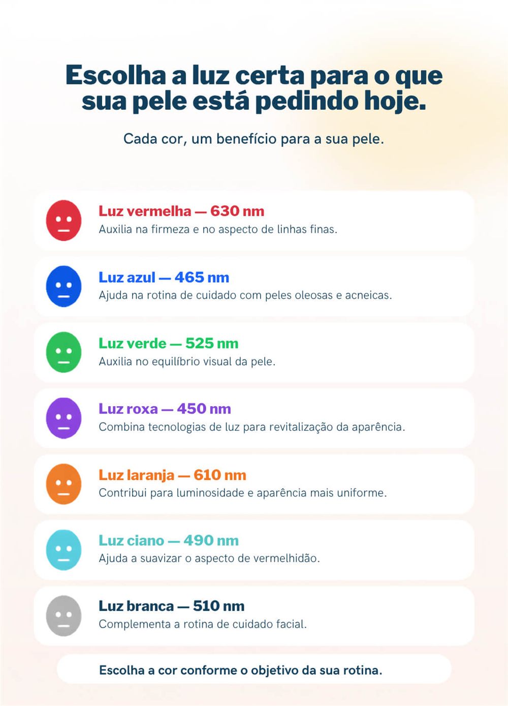 As sete cores de luz e os modos da máscara de LED facial VivaPlena