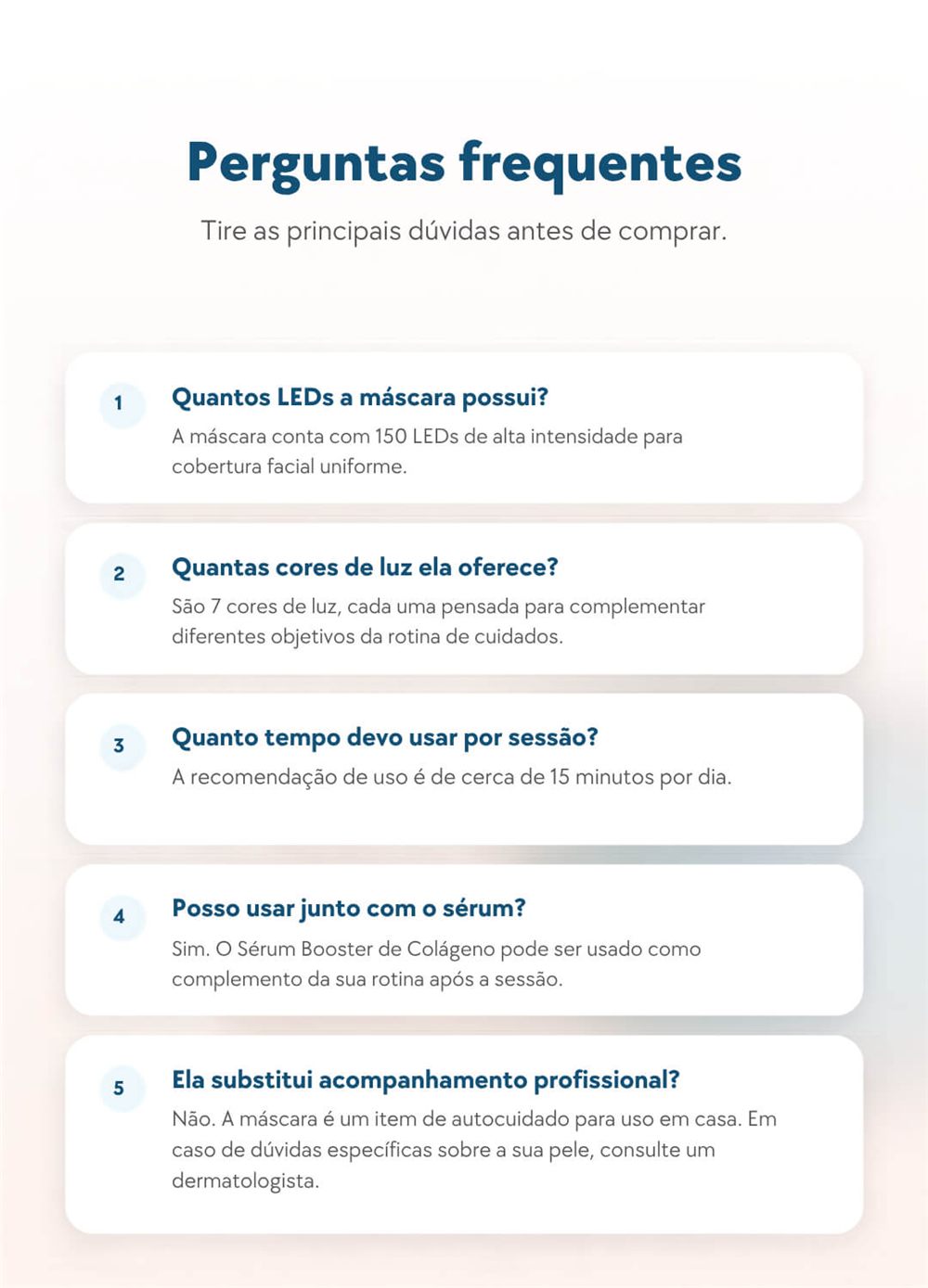 Perguntas frequentes sobre LEDs, cores de luz, tempo de uso e sérum